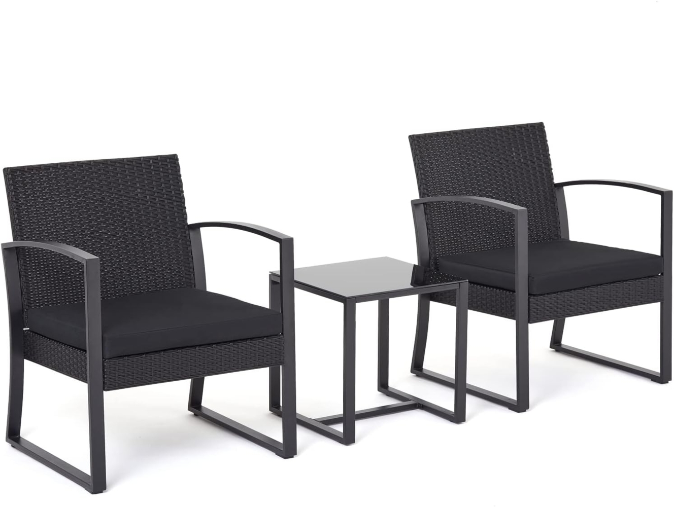 Mondeer Garden Furniture Rattan Gartenmöbel Set 3-teiliges, Flachrattan, Stahlrohr, gehärtetes Glas, Polyester, Schwarz, Chair: 59 x 53 x 73.5 cm Bild 1