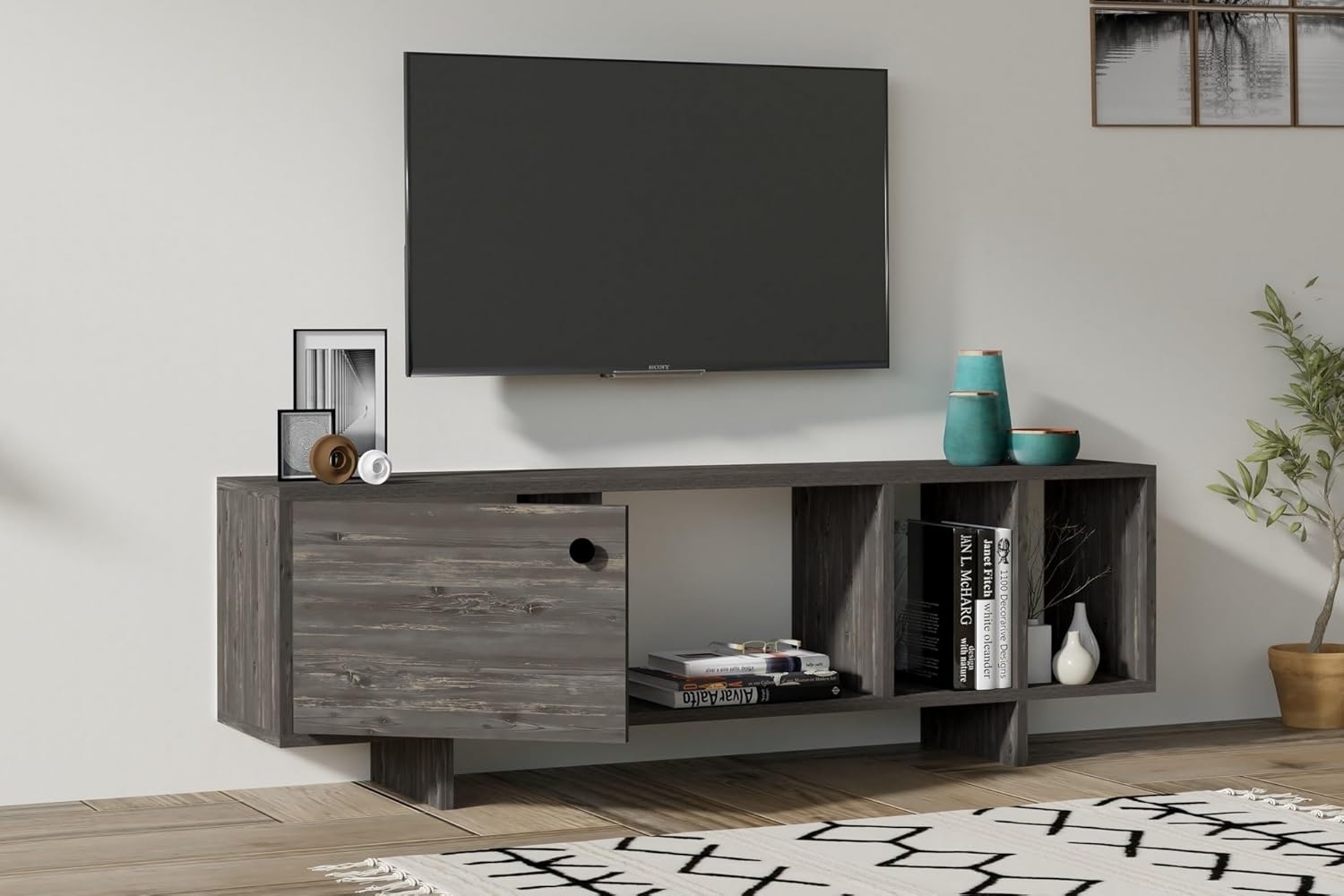 Hanah Home Modern Anthracite TV Unit, 140 cm | 100% Melamine Coated Particle Board, 18 mm Thick | Wall-Mountable, Extra Storage & Shelves | Scandinavian Design Bild 1
