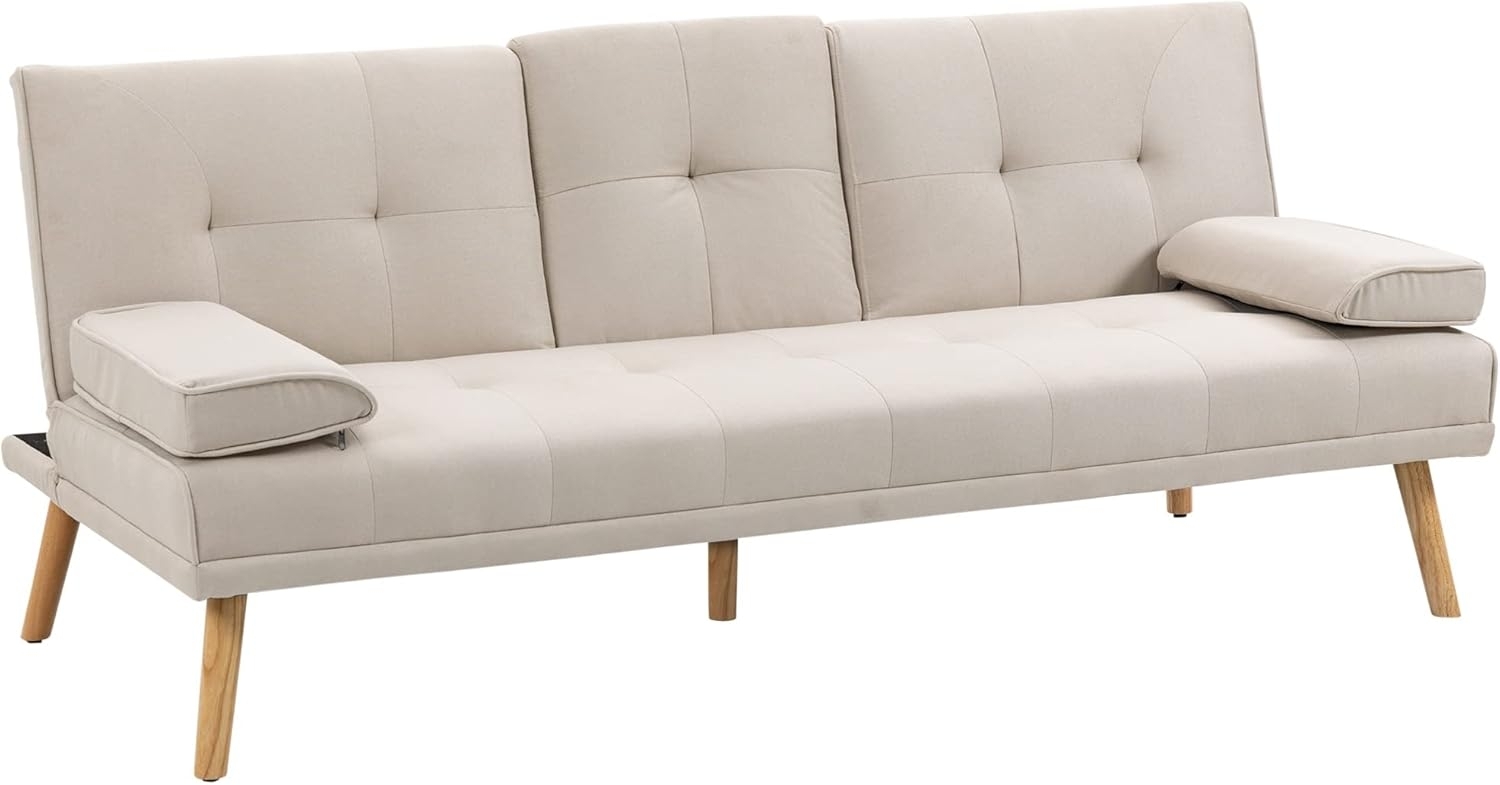 HOMCOM Schlafsofa Dreisitzer mit Bettfunktion, Einzelbett mit Kissen, Bettsofa 1 Teile, für Wohnzimmer, Beige Bild 1