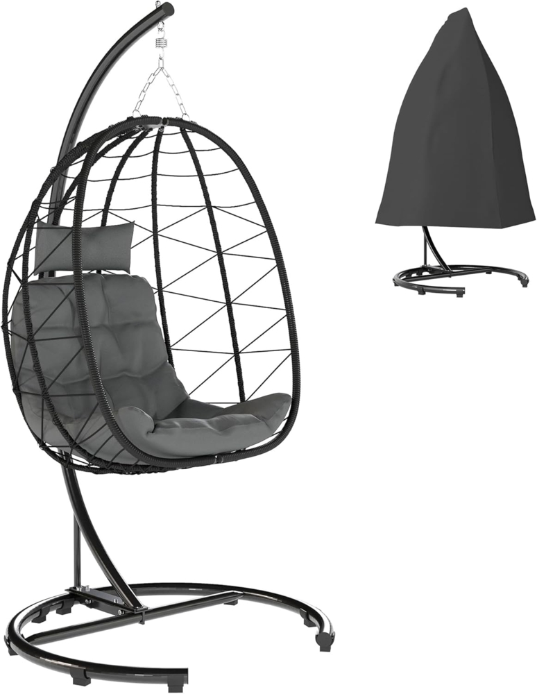Outsunny Schaukelstuhl Hängesessel Rattan Hängestuhl 195 cm Höhe (Schaukelkorb, 1 St), für Terrasse, Garten bis zu 150 kg, Dunkelgrau Bild 1