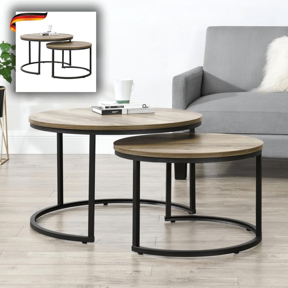 DELUKE® Couchtisch rund 2er Set RIO - Zusammenschiebbar Sofatisch rund Stubentisch Wohnzimmertisch Kaffeetisch Beistelltisch Tisch für Couch Braun Bild 1