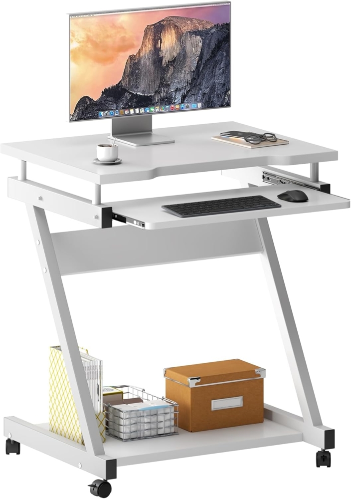 SogesHome Mobiler Computertisch mit Rollen und Tastaturauszug – Kleiner PC-Tisch mit Ablage für Tower, Schreibtisch für Home Office oder Büro, Weiß Bild 1