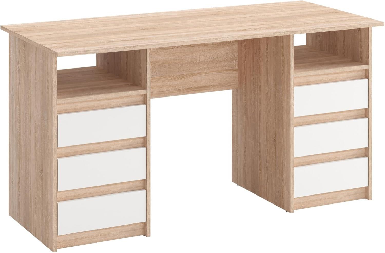 KOMTO Schreibtisch mit Schubladen - Oslo 140 x 60 x 74 cm Moderner Schreibtisch Sonoma Eiche + Weiß Bürotisch Computertisch Arbeitstisch Büro PC-Tisch Kinderschreibtisch mit Stauraum Bild 1