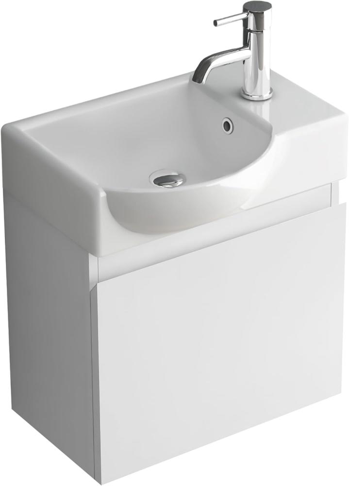 Alpenberger Badmöbel-Set - Gäste WC Waschbecken mit Unterschrank 45 cm Breit, (Badschrank 2-tlg, Waschtisch hängend), Waschbeckenunterschrank mit Softclose - Weiss - Links Becken Bild 1