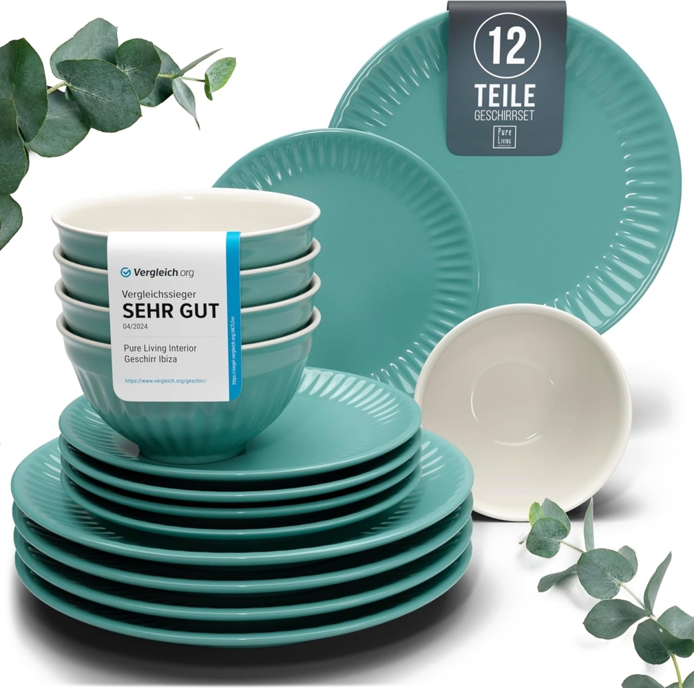 Steingut Geschirrset 4 Personen Hygge 12 tlg. TESTSIEGER, Traumhaftes Skandinavisches Steingut Geschirr Set, Schüssel- und Teller Set, Tafelservice 4 Personen, Geschirrsets Pure Living in Petrol Bild 1