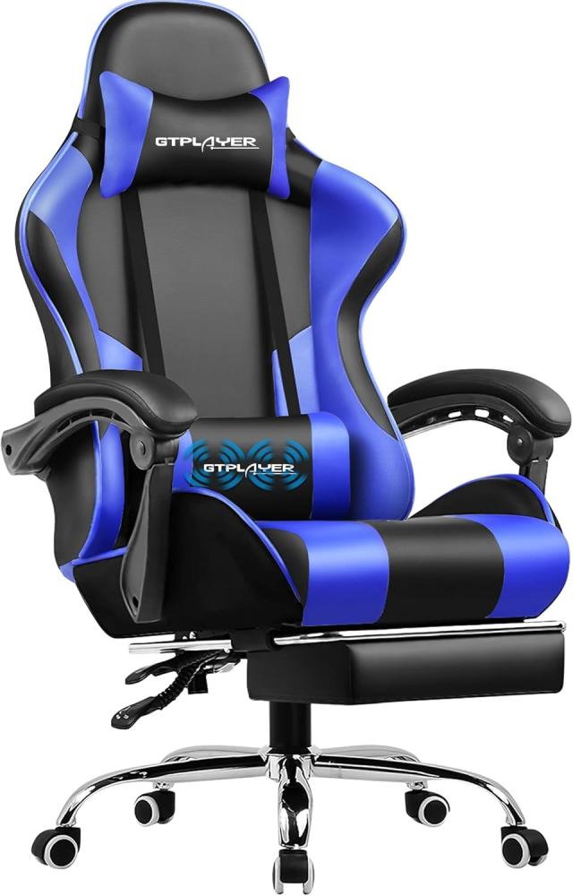 GTPLAYER Bürostuhl Gaming Stuhl Massage Gaming Sessel Ergonomischer Gamer Stuhl mit Fußstütze, Kopfstütze Massage-Lendenkissen, Gepolstert Gaming Chair, Drehsessel blau Bild 1