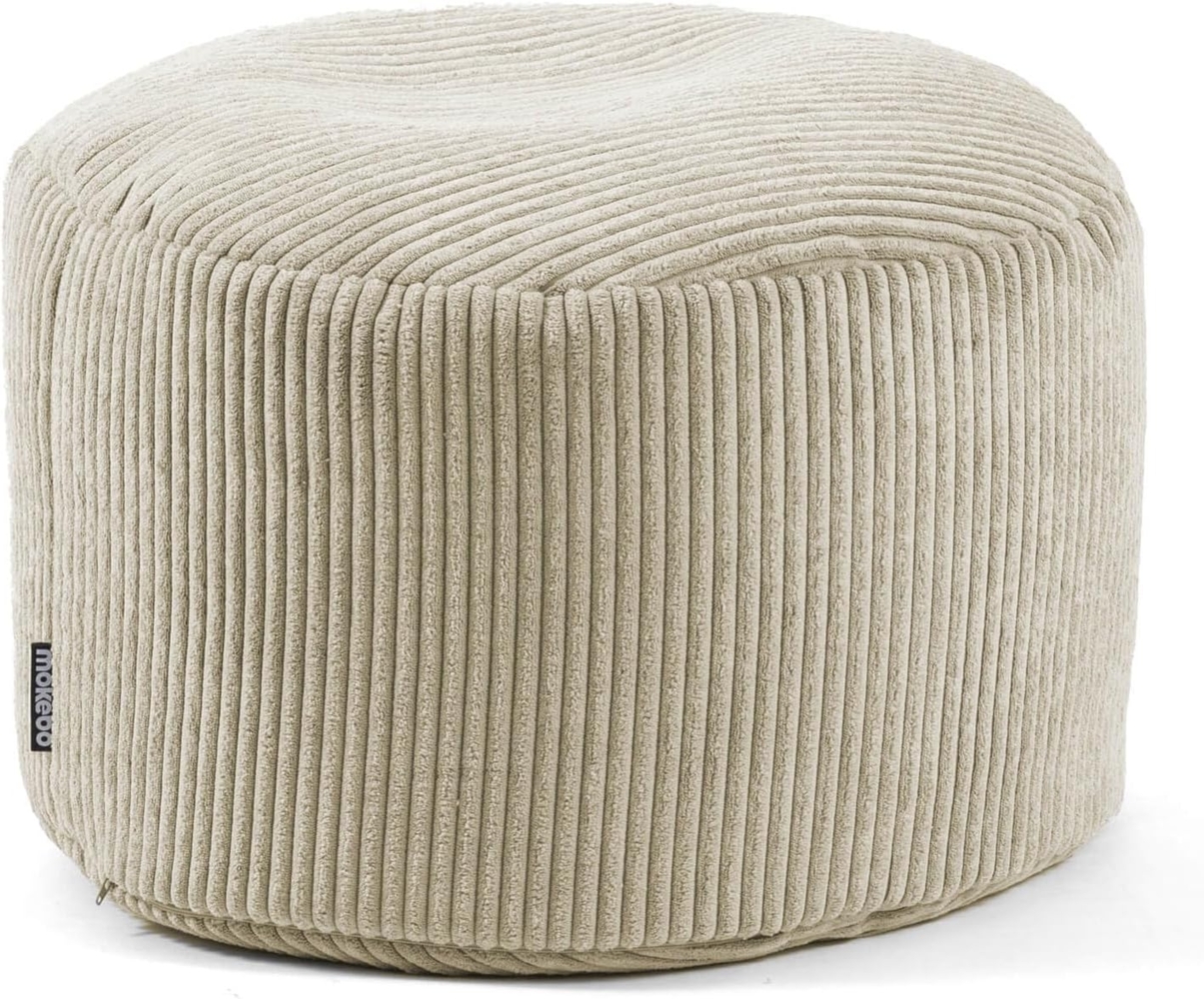 mokebo® Pouf, Hocker o. Sitzhocker aus Cord 30x50 cm 'Der Faule Lenz', Bodenkissen rund in beige, Fußhocker, Indoor Sitzkissen Stoff, Puff, Sitzpouf drinnen, kuschelig & weich, mit EPS-Perlen Füllung Bild 1