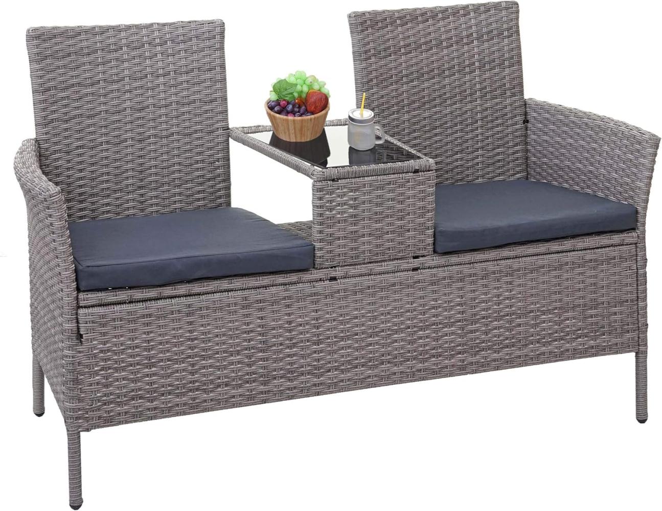 Poly-Rattan Sitzbank mit Tisch HWC-E24, Gartenbank Sitzgruppe Gartensofa, 132cm ~ grau, Kissen dunkelgrau Bild 1