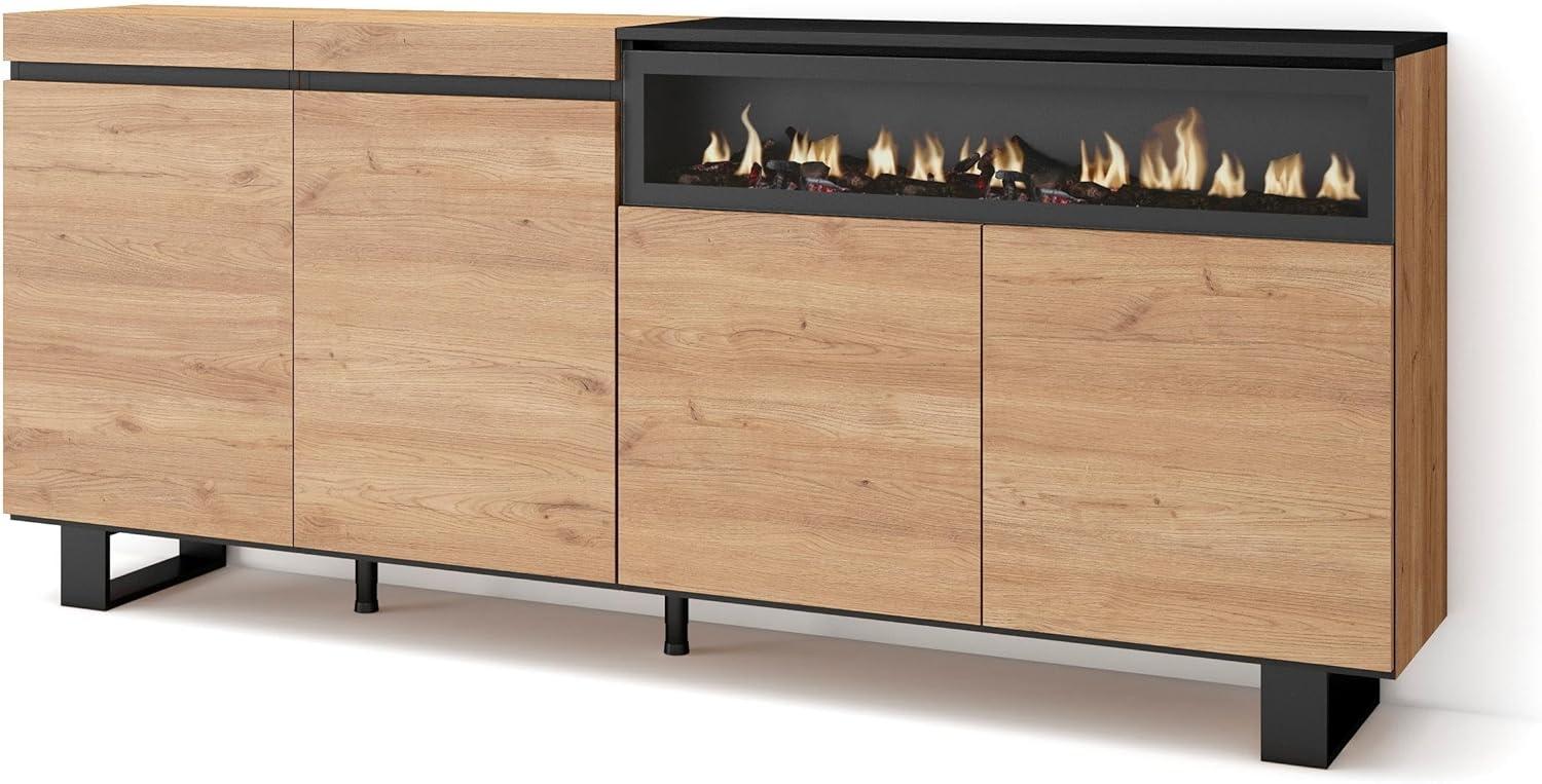 Skraut Home | Sideboard, Highboard | Kommode, Komodenschrank | 200x87x35cm | 4 Türen | Elektrokamin. Maße | Industriedesign | Moderner Stil | Eiche Schwarz Bild 1