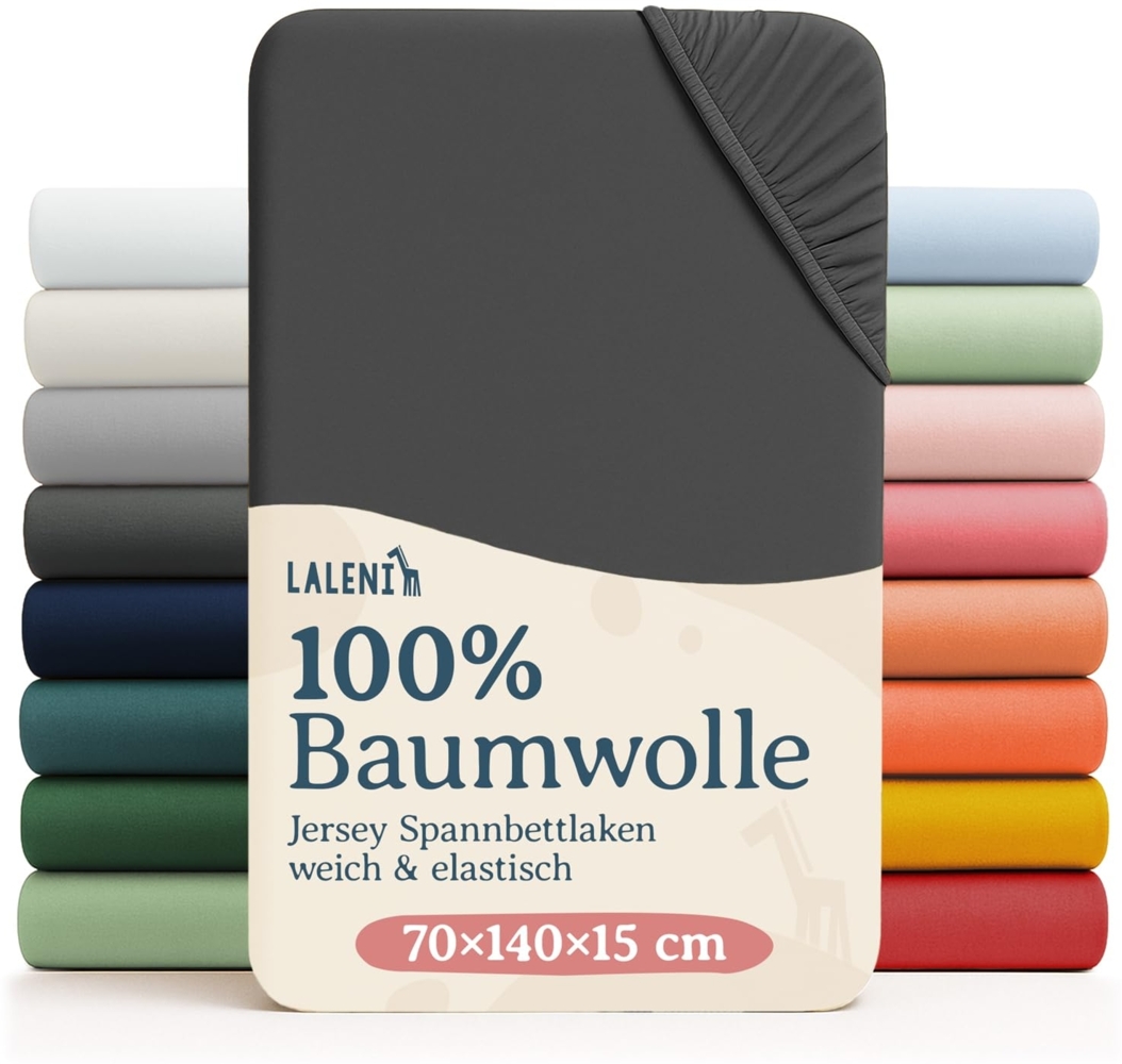 Laleni Spannbettlaken Babybett Kinderbett 70x140 cm - Oeko-Tex Zertifiziert, 100% Baumwolle, atmungsaktives Spannbetttuch Jersey Baby, 135 g/m², Anthrazit Bild 1