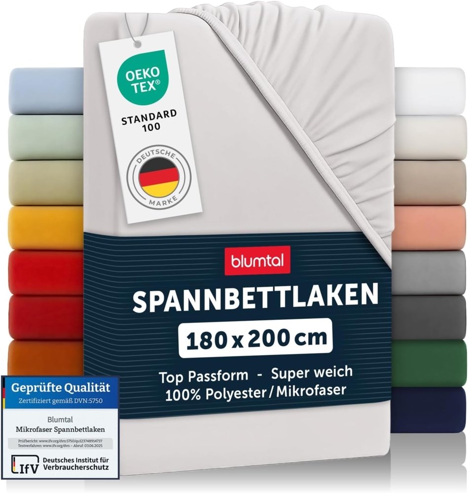 Blumtal® Spannbettlaken 180x200 cm 2er Set aus Microfaser - Oekotex zertifiziertes Bettlaken 180x200 - Leintuch 180x200/Spannbettuch 180x200 cm - Spannleintuch 180x200 - Spannlaken - Moonlight Grey-Grau Bild 1