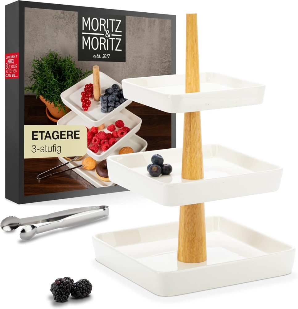 Moritz & Moritz Etagere Moritz & Moritz Etagere eckig 3-Stufig weiß mit Holz Stange, Porzellan, (3 Etagen, 2-tlg), Perfekt als Obstschale für Obst Aufbewahrung, Muffins und Cupcakes Bild 1