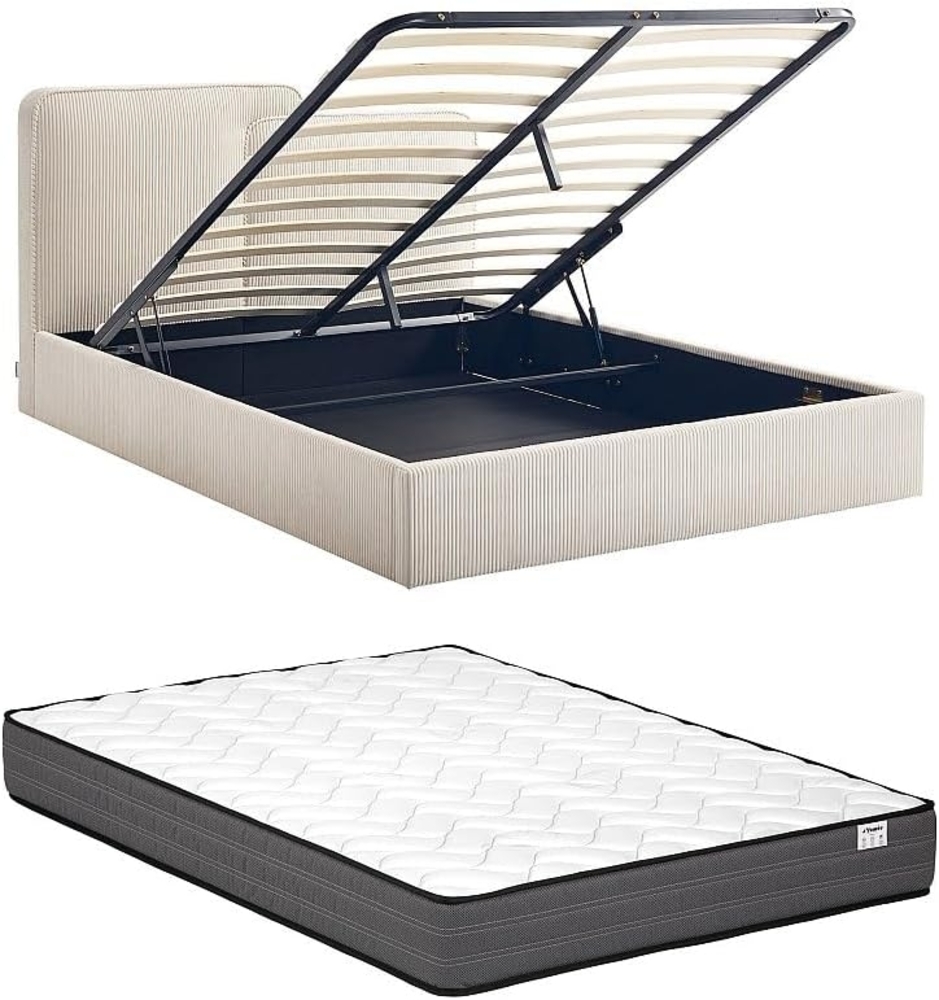 Vente-unique - Bett mit Stauraum 160x200 cm + Matratze – Cordvelours – Beige – NAYOLA Bild 1