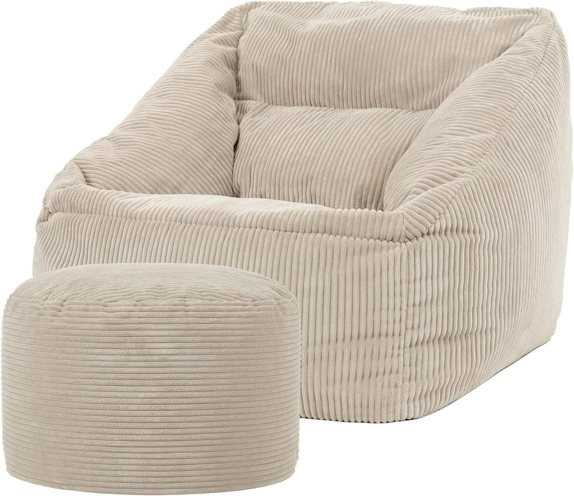 Icon Riesen Sitzsack Sessel „Morgan“ mit Sitzpuff, Beige, Cord XXL Sitzsack Erwachsene mit Füllung für das Wohnzimmer, Riesensitzsack XXL Flauschig Cord Bild 1