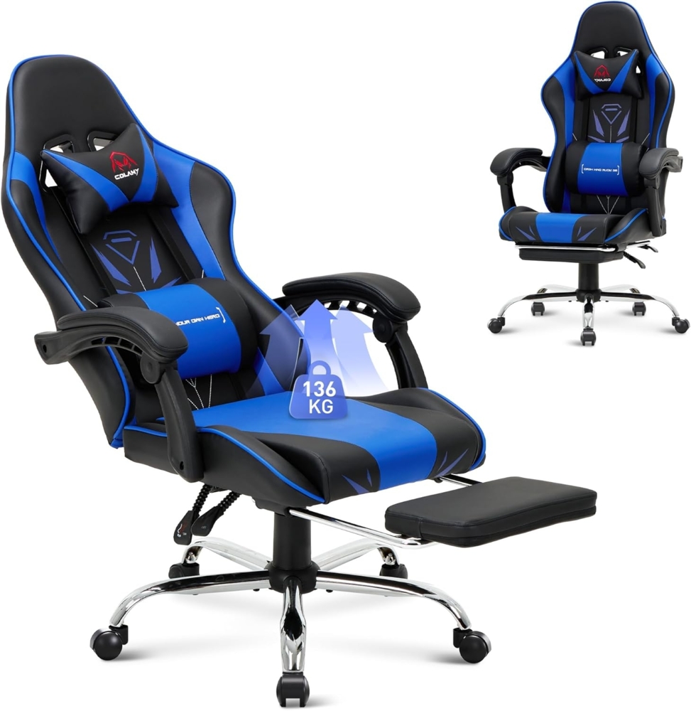 COLAMY Gaming Stuhl, Computer Stuhl mit Fußstütze und Lendenwirbelstütze, höhenverstellbarer Gaming Chair mit 360°-Drehsitz und Kopfstütze, Video Gamer PC Stuhl, Ergonomische hohe Rückenlehne, Blau Bild 1