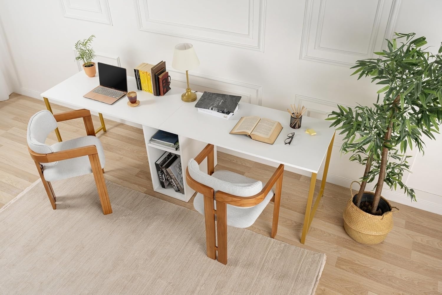 Contemporary and Practical Study Desk, White, Gold, 240 x 74 x 60 | 100% Melamine Coated Particle Board| Perfect for Modern Home Office & Study Spaces, Elegant and Functional Design Bild 1