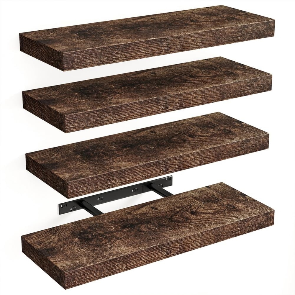 BAKAJI Set mit 4 Wandregalen aus Massivholz, Mehrzweck-Wandregal mit versenkbaren Metallhalterungen, Regal für Schlafzimmer, Wohnzimmer, Küche, Badezimmer, 40 x 14 x 3 cm (Eiche) Bild 1