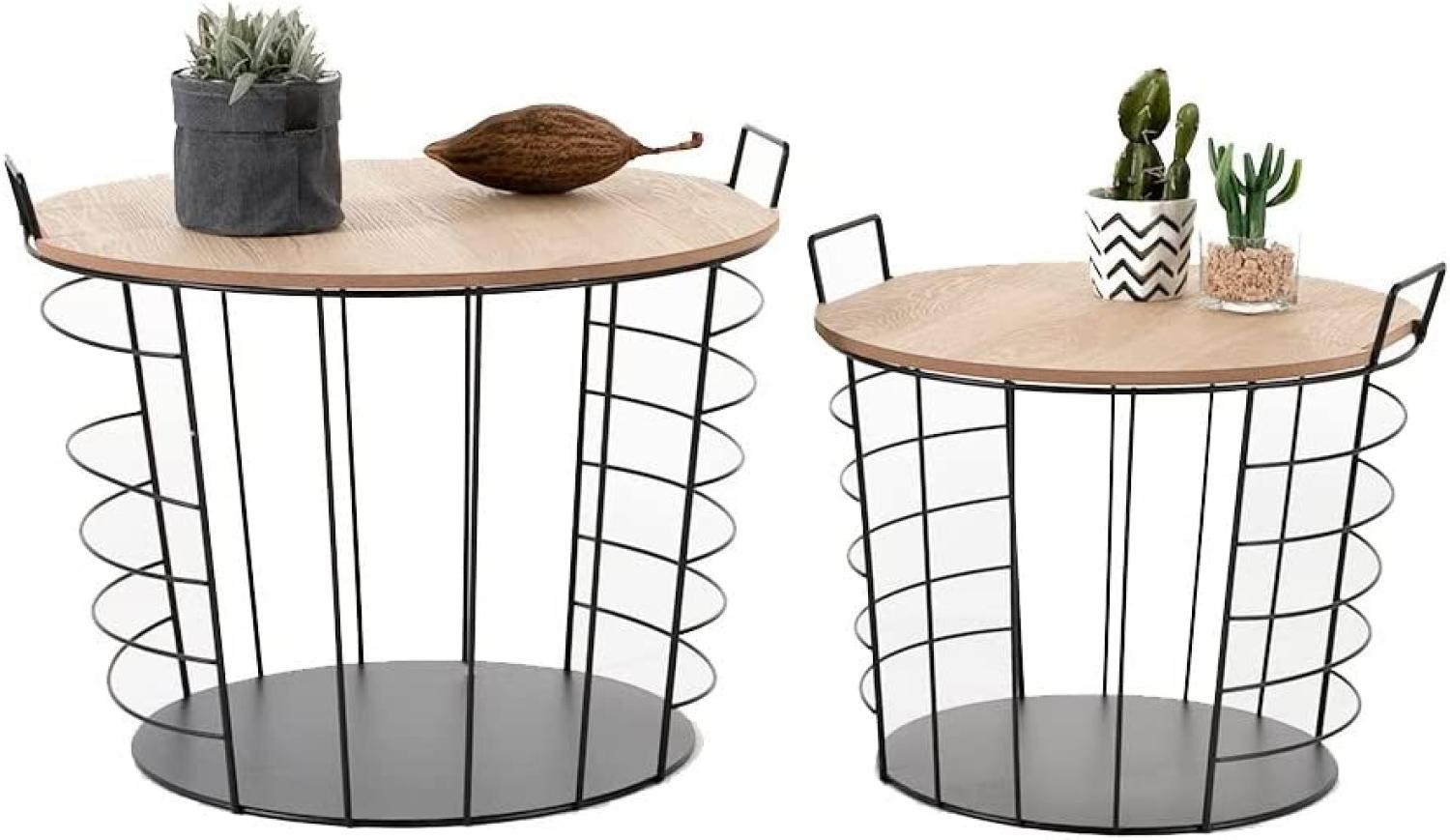 LIFA LIVING 2er Set Runde Couchtische aus schwarzem Metall und Abnehmbarer Holz Platte, Beistelltische im Industrie und Vintage Stil, Belastbarkeit 10 kg Bild 1