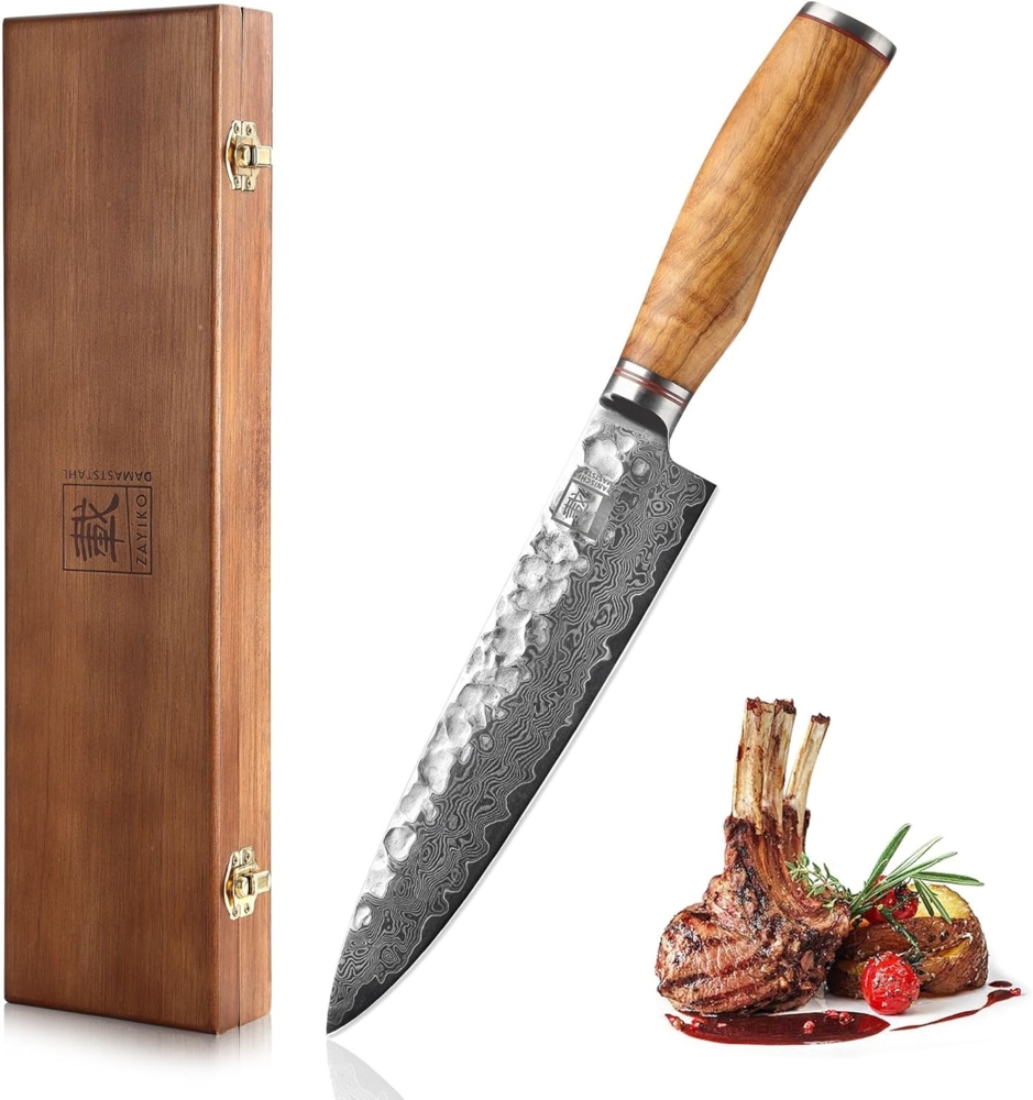 ZAYIKO Damastmesser "Olive Chefmesser" - 20cm Klinge - Griff: Olivenholz - VG-10 Stahlkern Bild 1