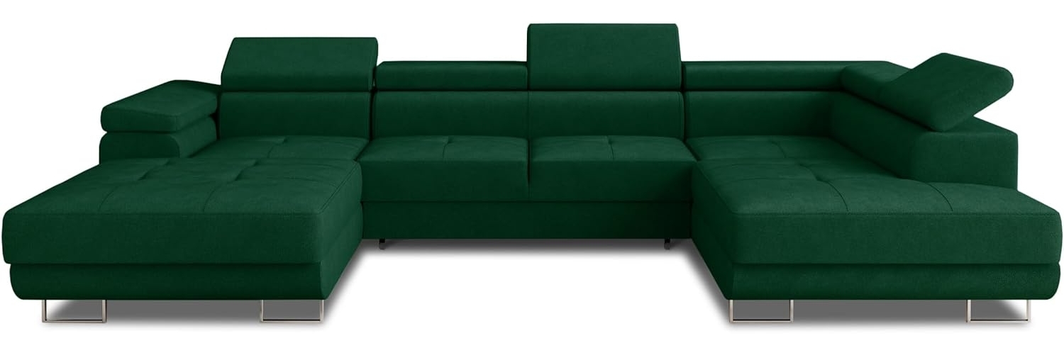 Wohnlandschaft Caris U mit Schlaffunktion, einstellbare Kopfstützen und zwei Bettkästen (Grün (Kronos 19), Ecksofa Links) Bild 1