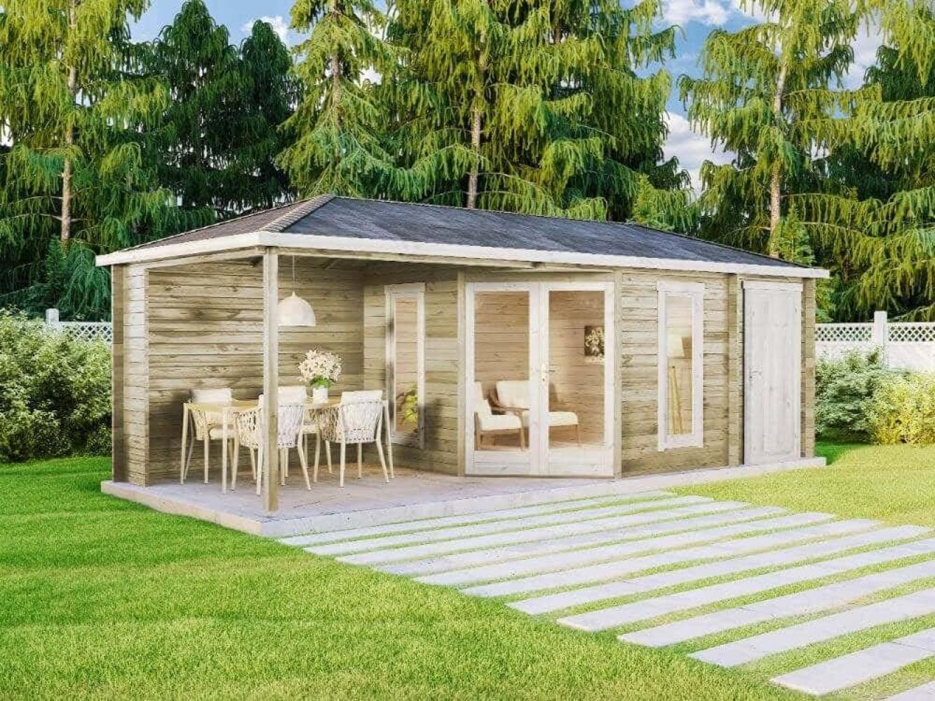 Alpholz 5-Eck Gartenhaus Liwa mit Anbau Gartenhaus aus Holz Holzhaus mit 28 mm Wandstärke inklusive Terrasse Blockbohlenhaus mit Montagematerial Bild 1