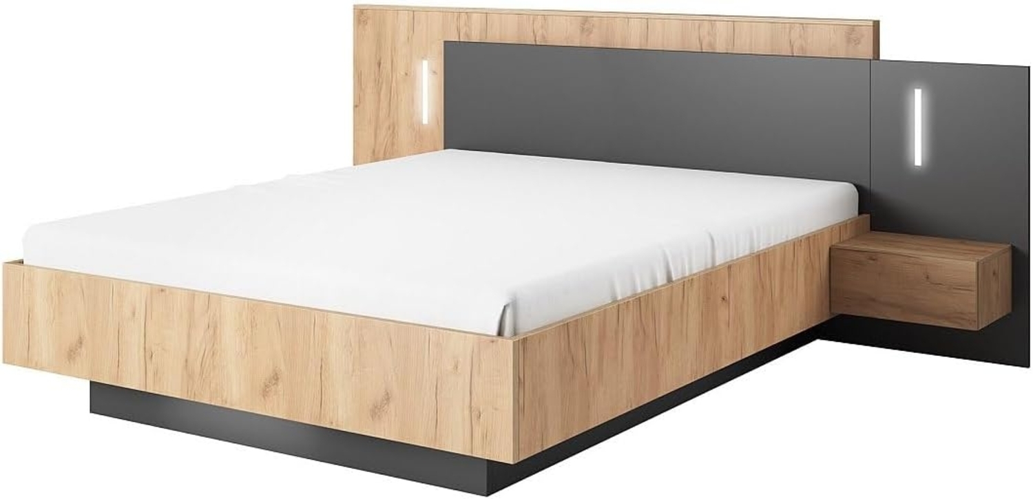 Vente-unique - Bett mit Nachttischen - 140 x 190 cm - 2 Schubladen - Mit LED-Beleuchtung - Holzfarben & Anthrazit - FRANCOLI Bild 1