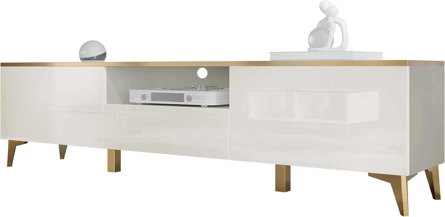 TV-Lowboard Aurora 2D1S mit 2 Klappen und Schublede (Farbe: Beige / Beige Hochglanz + Gold) Bild 1