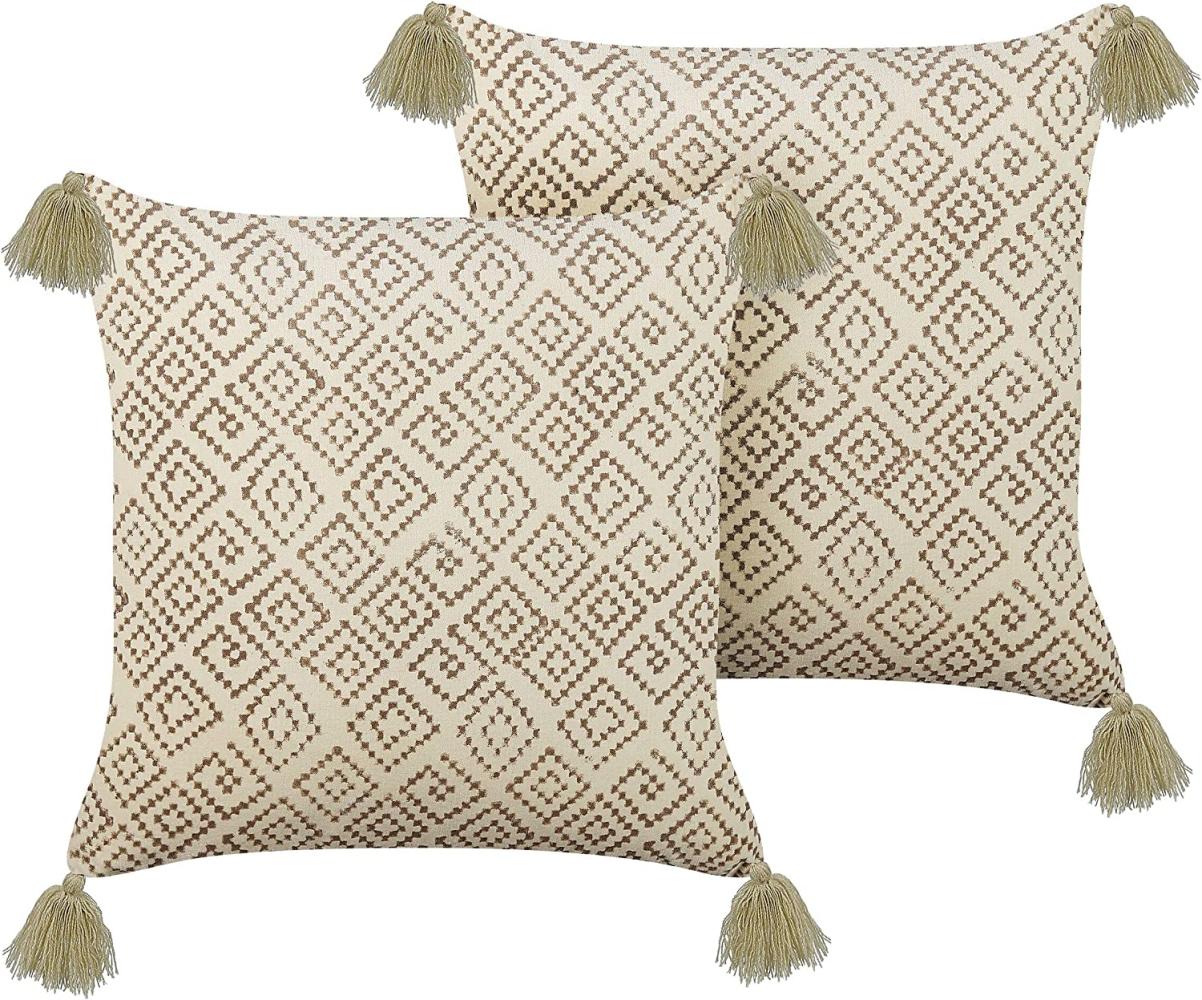 Kissen 2er Set SANTOLINA Baumwolle 45 x 45 cm Geometrisches Muster Blockdruck Beige Bild 1