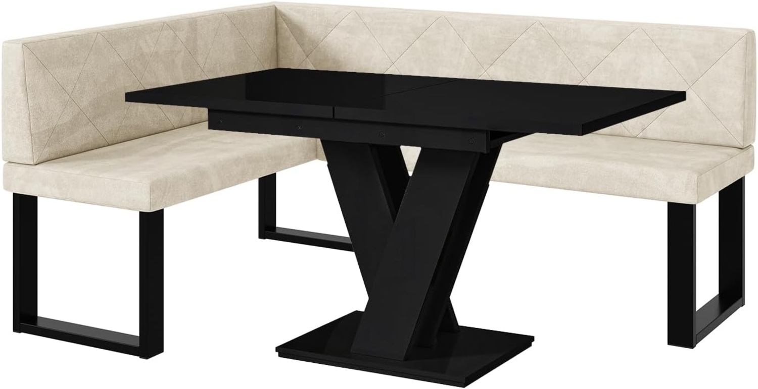 MEBLINI Eckbank für Esszimmer mit ausziehbarem Tisch - Küchenbank - Essecke - Sitzecke Küche - ERIC - U-Beine 128x168x87cm Links - Creme Samt/M Schwarz Hochgl. Bild 1