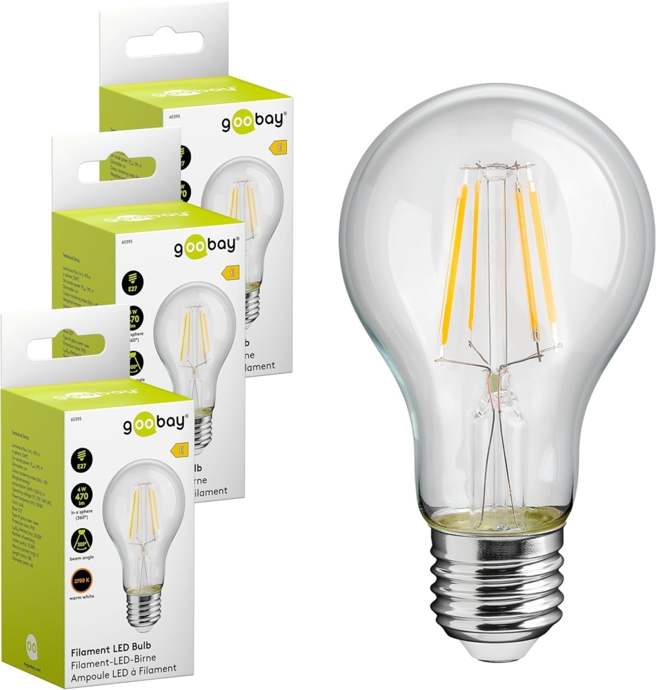goobay 74098 Filament LED Birne 4W / Kerzenform/Glühbirne warmweißes Licht 2700K / LED Birne für Kronleuchter/Lampe mit geringer Wärmeentwicklung/Nicht dimmbar / 4kWh/1000h Kristallklar / 3 Stück Bild 1