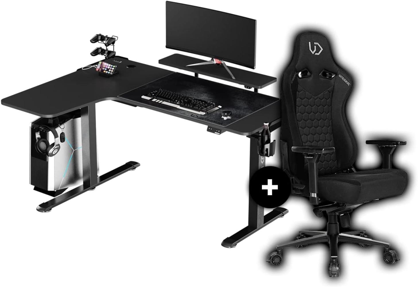 ULTRADESK Winger RGB LED 155x111x60 cm Links + Throne Gaming Stuhl | Schreibtisch Gamer Tisch L Form | L-förmiger Ecktisch Eckschreibtisch | Höhenverstellbarer Computertisch elektrisch | Schwarz Bild 1