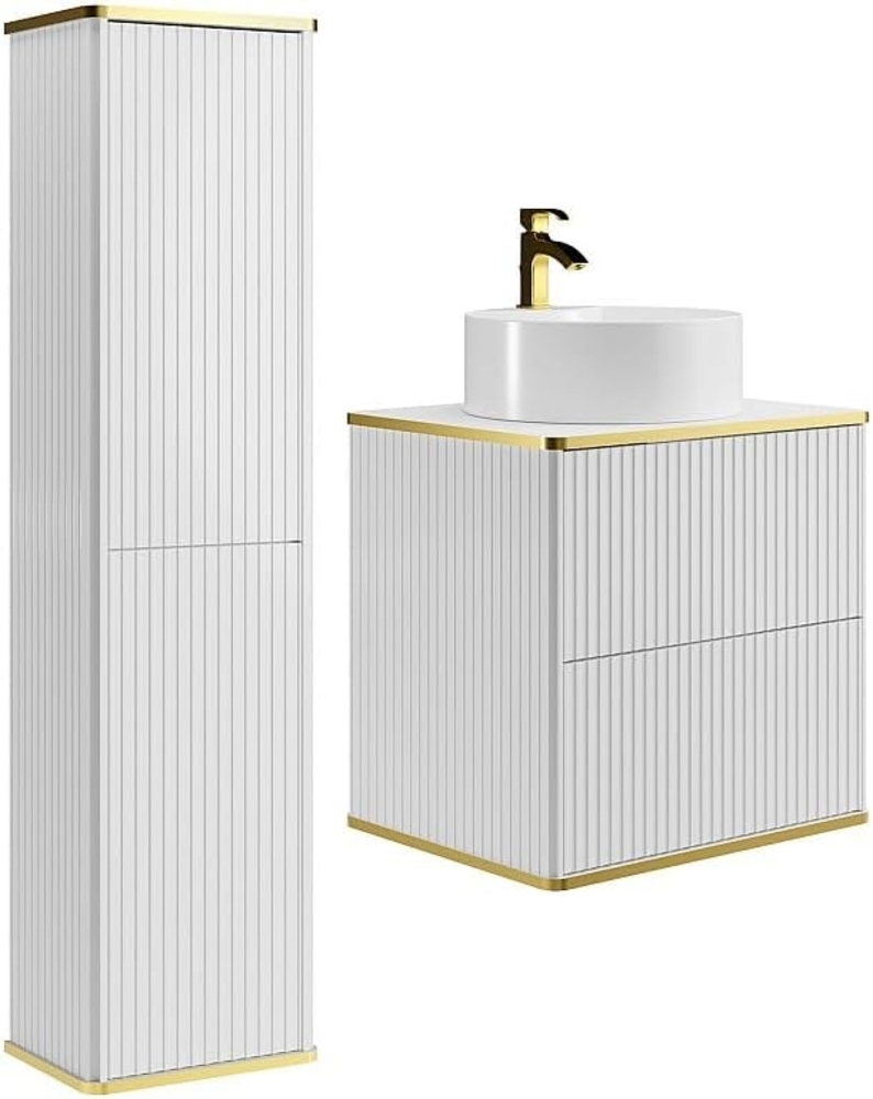 Vente-unique - Waschbeckenunterschrank hängend mit rundem Aufsatzwaschbecken und Säule - Streifenoptik - Weiß - 60 cm - KELIZA Bild 1