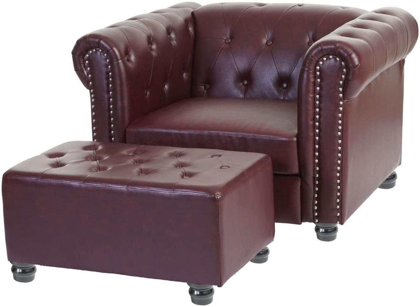 Luxus Sessel Loungesessel Relaxsessel Chesterfield Kunstleder ~ runde Füße, rot-braun mit Ottomane Bild 1