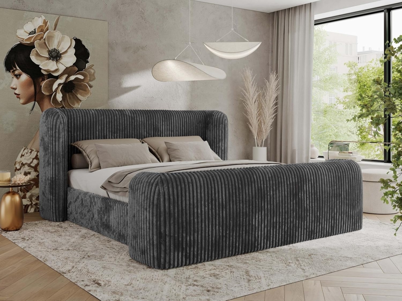 Polsterbett mit Lattenrost, Doppelbett für Schlafzimmer, Gepolstertes Kopfteil - EMORA CLASSIC DUO - 160 x 200 cm - Grau Cord Bild 1