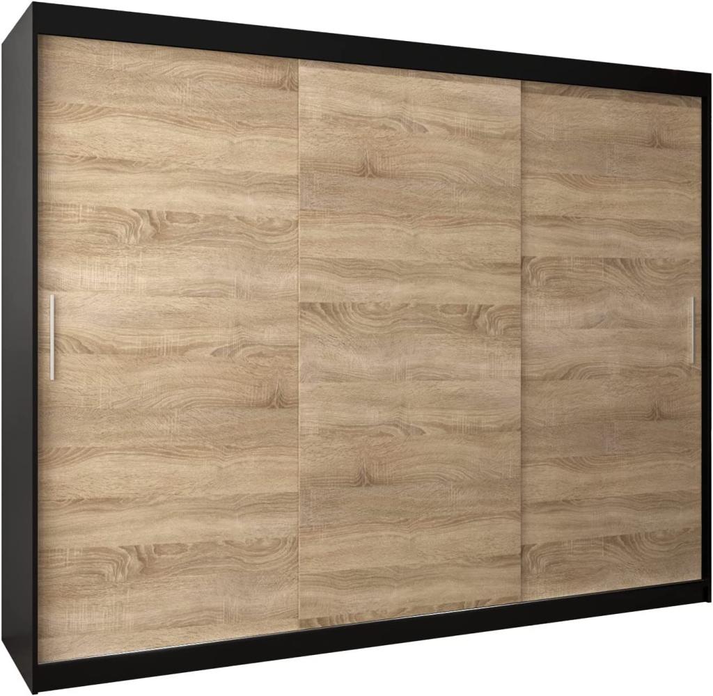 Kryspol Schwebetürenschrank Tokyo 250 cm Kleiderschrank mit Kleiderstange und Einlegeboden Schlafzimmer- Wohnzimmerschrank Schiebetüren Modern Design (Schwarz + Sonoma) Bild 1