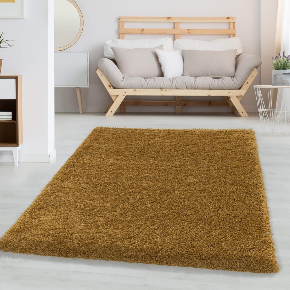 Carpetsale24 Shaggy Hochflor Teppich Läufer Flur 80x150 cm Gold - Weicher, Flauschiger Teppich Wohnzimmer – Moderner, Rutschfester Badezimmerteppich & Küchenläufer, Bettvorleger Schlafzimmer Bild 1