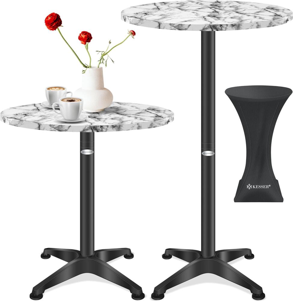 KESSER® 2in1 Stehtisch Bistrotisch Aluminium Edelstahlplatte | höhenverstellbar | 70cm / 115cm | Partytisch Tisch | In- & Outdoor | Hochzeit | Empfangstisch | 4 Standfüße und Regencover Marmor, Ø 60 cm, 1er Set Bild 1