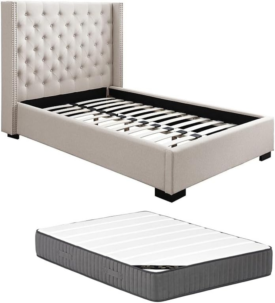 Vente-unique - Bett 120 x 200 cm + Kopfteil gepolstert + Matratze - Stoff Beige - MASSIMO Bild 1