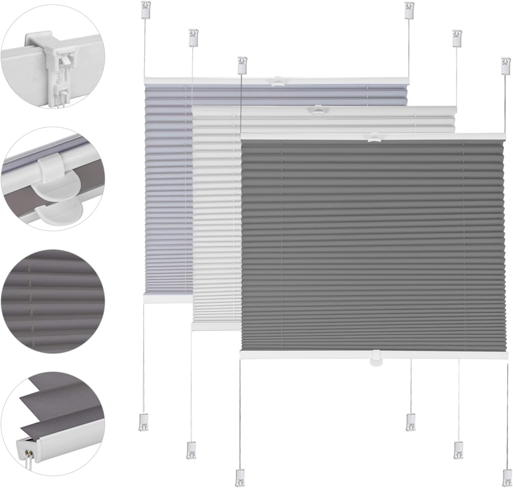 Sekey Plissee ohne Bohren Verdunkelung, Fenster Plissee Klemmfix Jalousie 70 cm breit, Verspannt Blickdicht Sonnenschutz Fensterollo, 70x210 cm, Dunkelgrau Bild 1