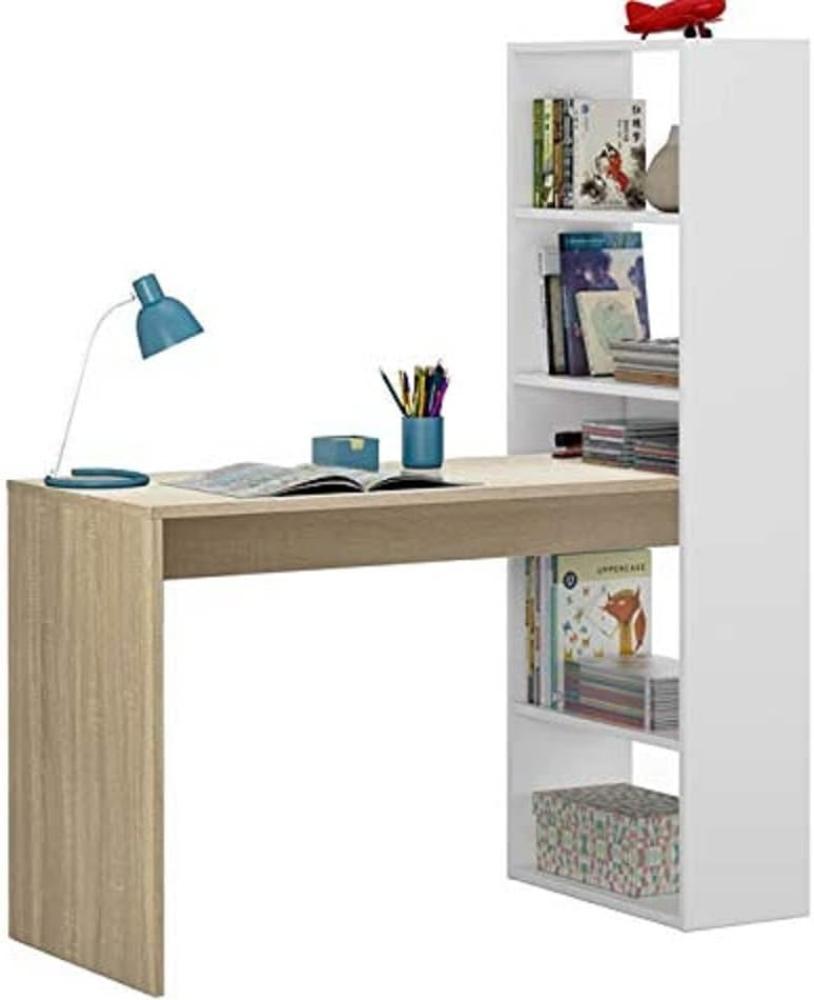 Dmora - Schreibtisch Denton, Wendeschreibtisch mit Bücherregal mit 5 Böden, Studier- oder Bürotisch für PC-Buchhalter, cm 120x53h144, Weiß und Eiche Bild 1