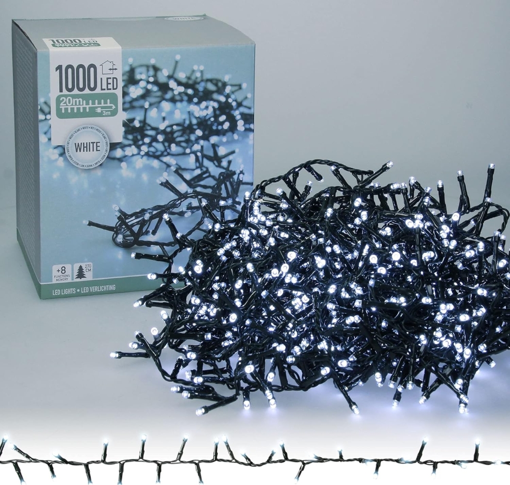 ECD Germany LED Lichterkette 20m Länge, 1000 LEDs, Kaltweiß, 3m Stromkabel, IP44, Clusterlichterkette Büschellichterkette für Weihnachten Weihnachtsbaum Weihnachtsbeleuchtung, für Innen und Außen Bild 1