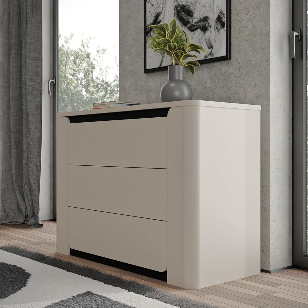 Forte VODOL Kommode 110, Moderne Kommode 3 Schubladen und abgerundetem Eckendesign, Holzwerkstoff, Kaschmir|Beige, 110,6 cm breit x 77,9 cm hoch x 44,8 cm tief Bild 1