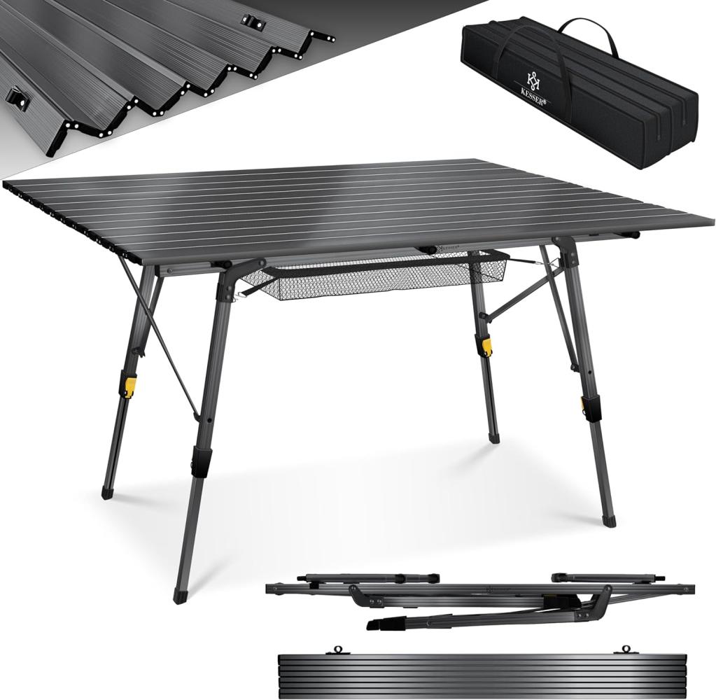 KESSER® Campingtisch faltbar Klapptisch Camping Tisch mit Aluminiumrahmen Aufrollbare Tischplatte Falttisch klappbar mit Höhenverstellung inkl. Tragetasche mit Trageband 90 x 53cm - bis 30 kg Anthrazit (120 x 70cm) Bild 1