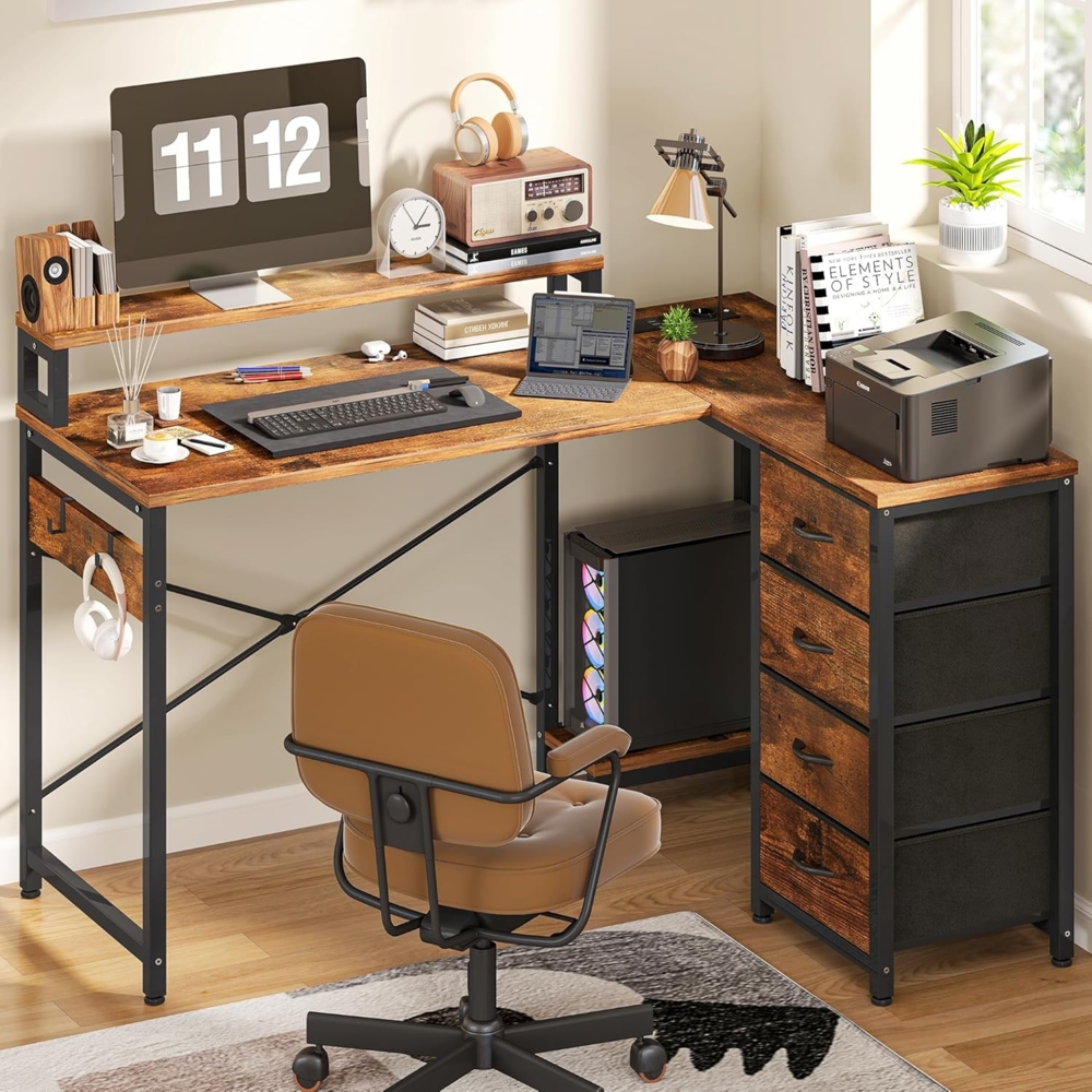 YITAHOME Schreibtisch, Eckschreibtisch mit 4-stufigem DIY-Aufbewahrungsregal Multifunktionstisch mit 2 USB-Anschlüssen & Steckdosen für das Homeoffice, Studium, Wohnzimmer, 130 x 100 x 75 cm, Vintage-Braun Bild 1