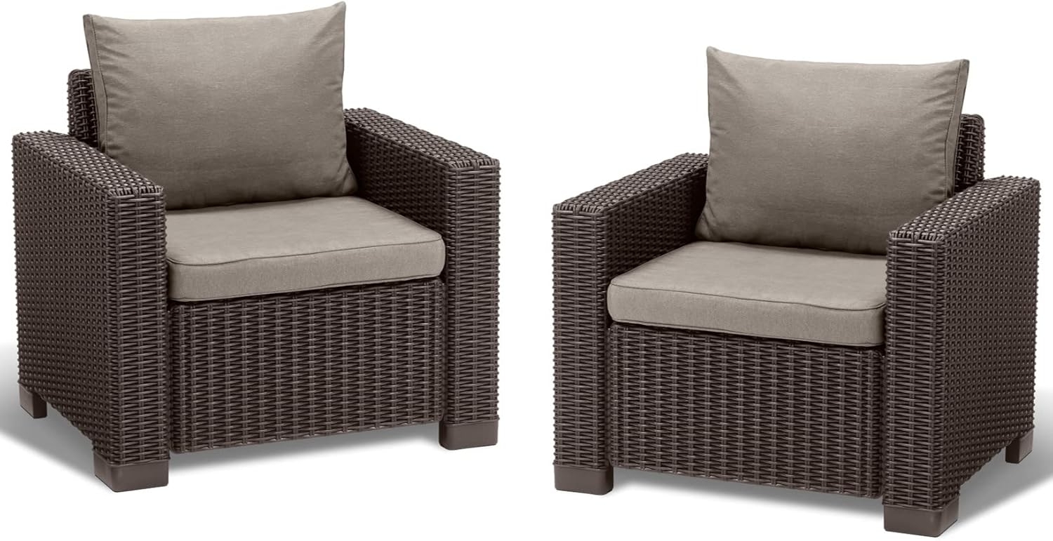 Allibert by Keter Gartenlounge Sessel California, braun/warm taupe, 2er Set, inkl. Sitz- und Rückenkissen, Kunststoff, runde Rattanoptik, 252919, 83 x 68 x 72 cm Bild 1