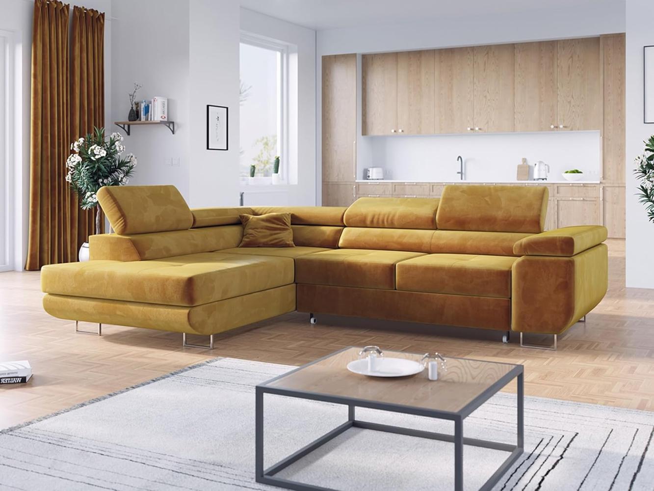 Ecksofa L-Form Couch mit Schlaffunktion und Verstellbare Kopfstützen - GUSTAW - Gelb Velours - Links Bild 1