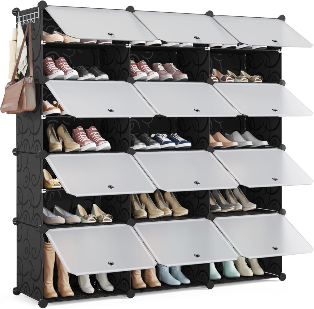 Mondeer Schuhregal, 3x7 Tier Würfel Kunststoff Schuhschrank, Modular Schuhaufbewahrung Hält 42 Paar Schuhe mit Tür, Platzsparend für Alle Arten von Schuhen, für Flure, Schlafzimmer, Eingänge, Schwarz Bild 1