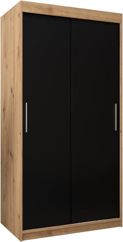 Kryspol Schwebetürenschrank Tokyo 100 cm Kleiderschrank mit Kleiderstange und Einlegeboden Schlafzimmer- Wohnzimmerschrank Schiebetüren Modern Design (Artisan Eiche + Schwarz) Bild 1