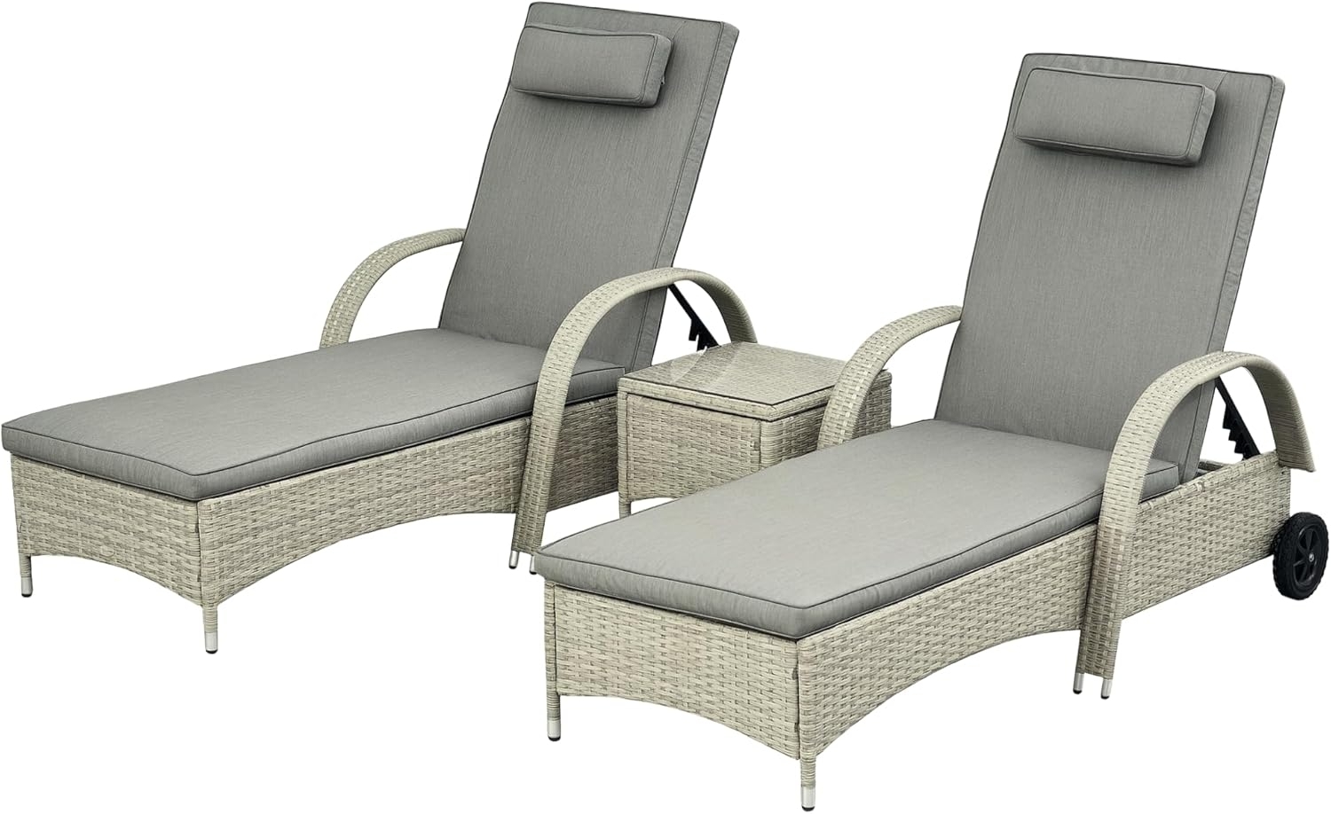 Outsunny Gartenliege Tisch 3er-Set Gartenmöbel, Polyrattan+Metall Grau, Liege, 3 St, Sonnenliege, Modern, Stabil, Praktisch, Witterungsbeständig Bild 1