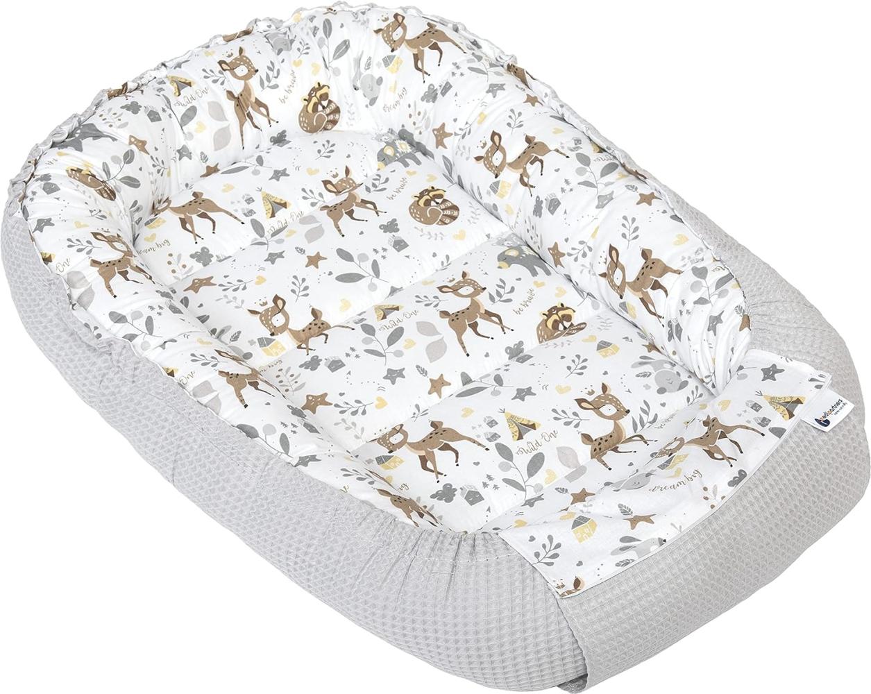 Medi Partners Babynest Kuschelnest Babynestchen 100% Baumwolle Waffle Nestchen Reisebett für Babys Säuglinge 100x60x15cm Sicherer Verschluss (REH mit Grauer Waffle) Bild 1